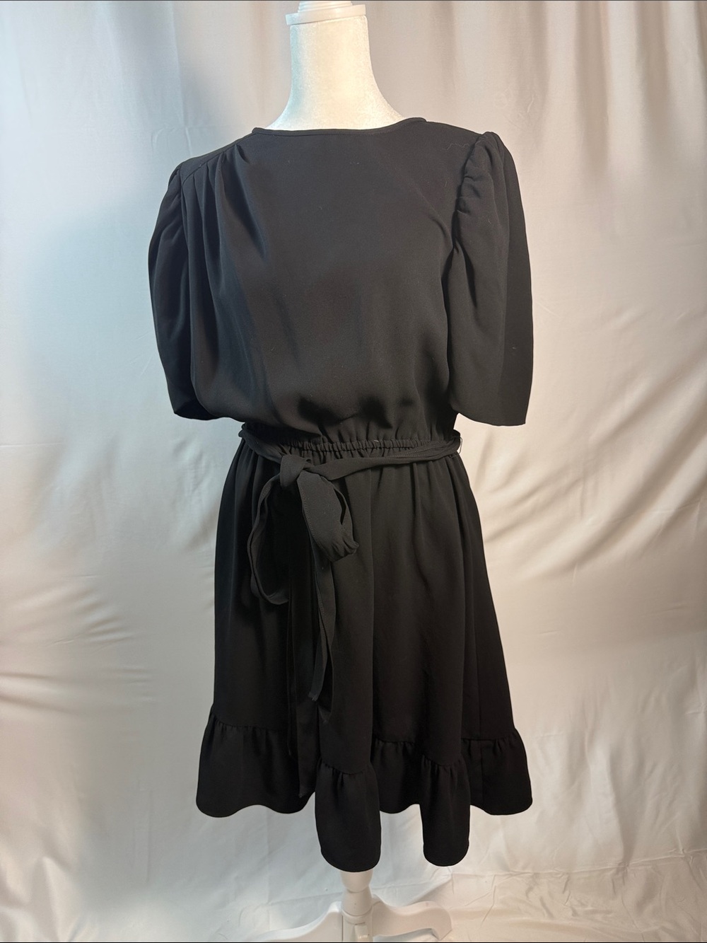Shoshanna Black Puff-Sleeve Tie-Waist Mini Dress